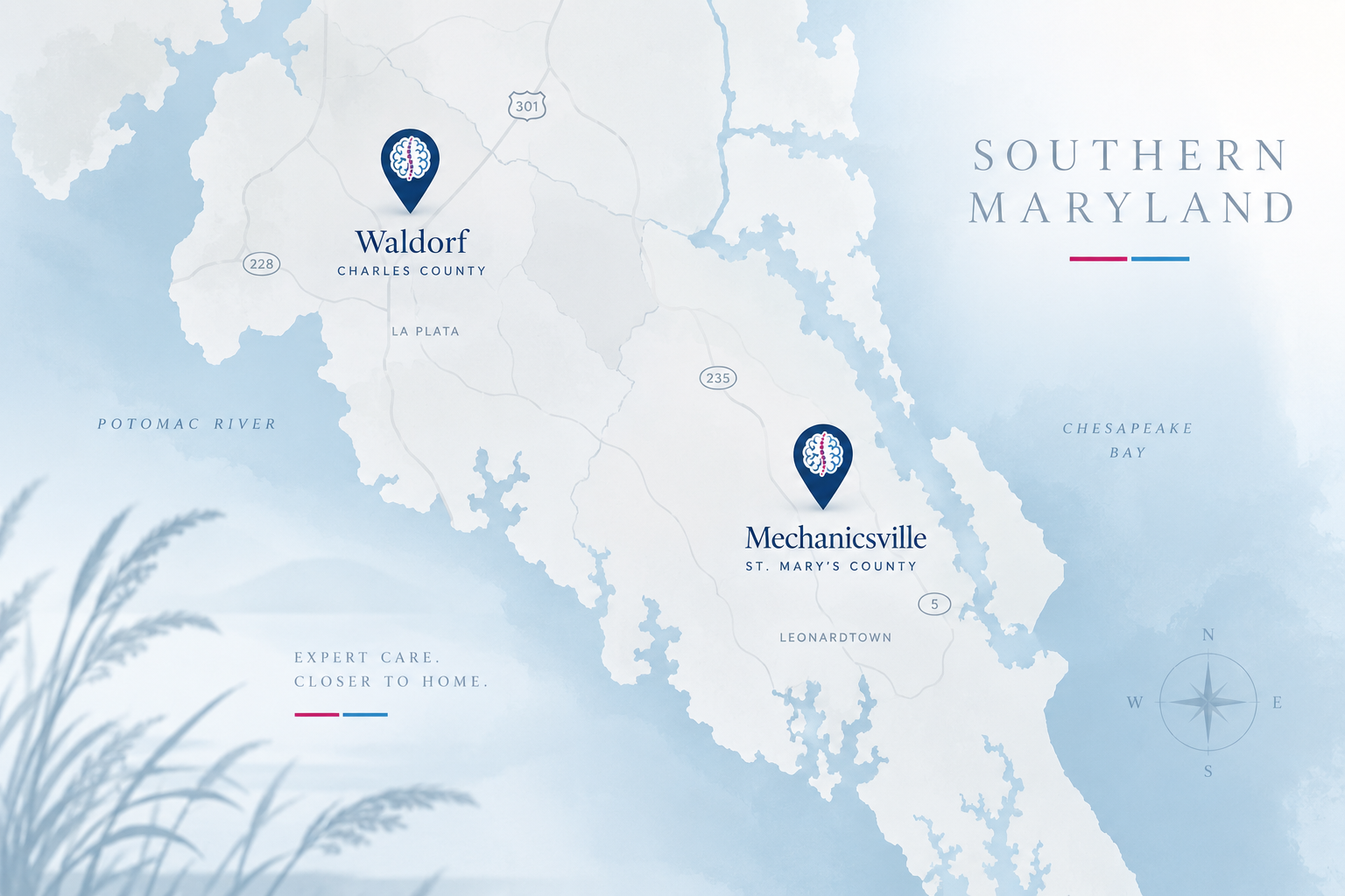 Southern Maryland map showing St. Mary's Neurology and Spine Center locations in Waldorf and Mechanicsville, Maryland
