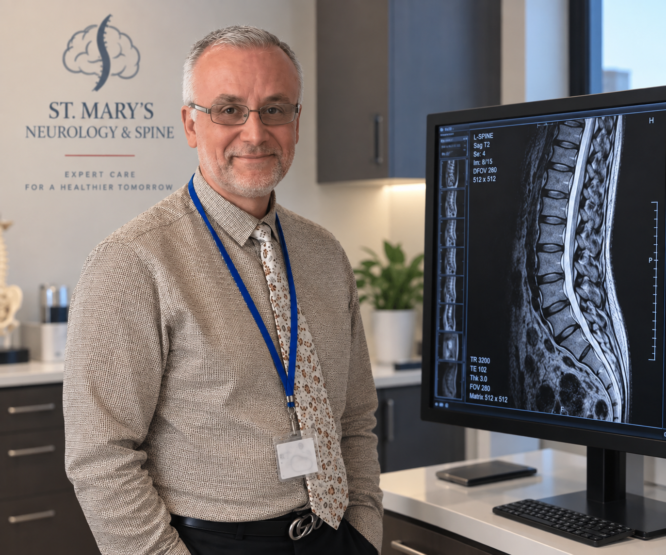 Spine specialist at St. Mary's Neurology and Spine Center with lumbar spine MRI imaging in Southern Maryland