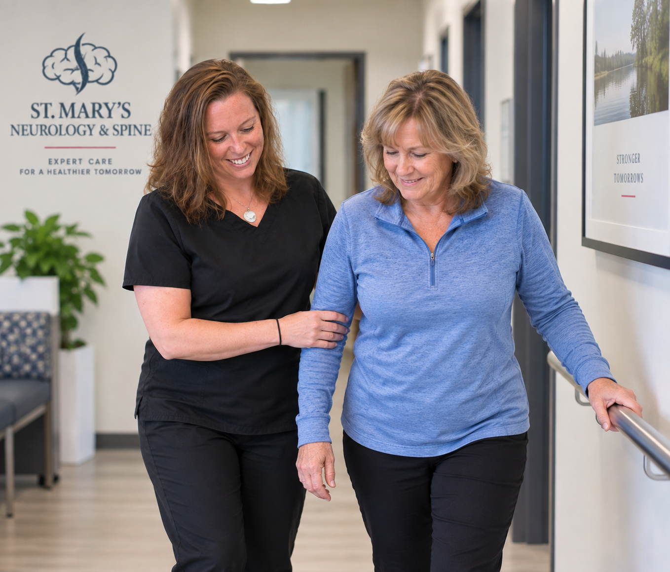 Clinical staff member helping a patient walk during spine care at St. Mary's Neurology and Spine Center in Southern Maryland