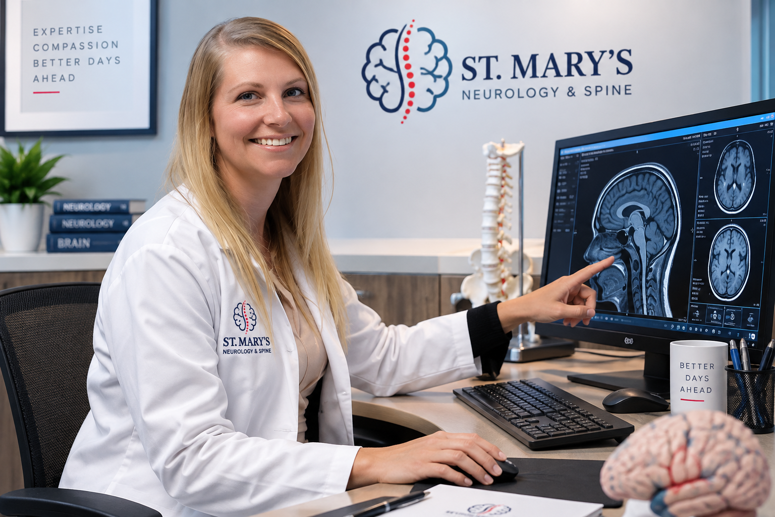 Neurology provider reviewing brain imaging during a neurological evaluation at St. Mary's Neurology and Spine Center