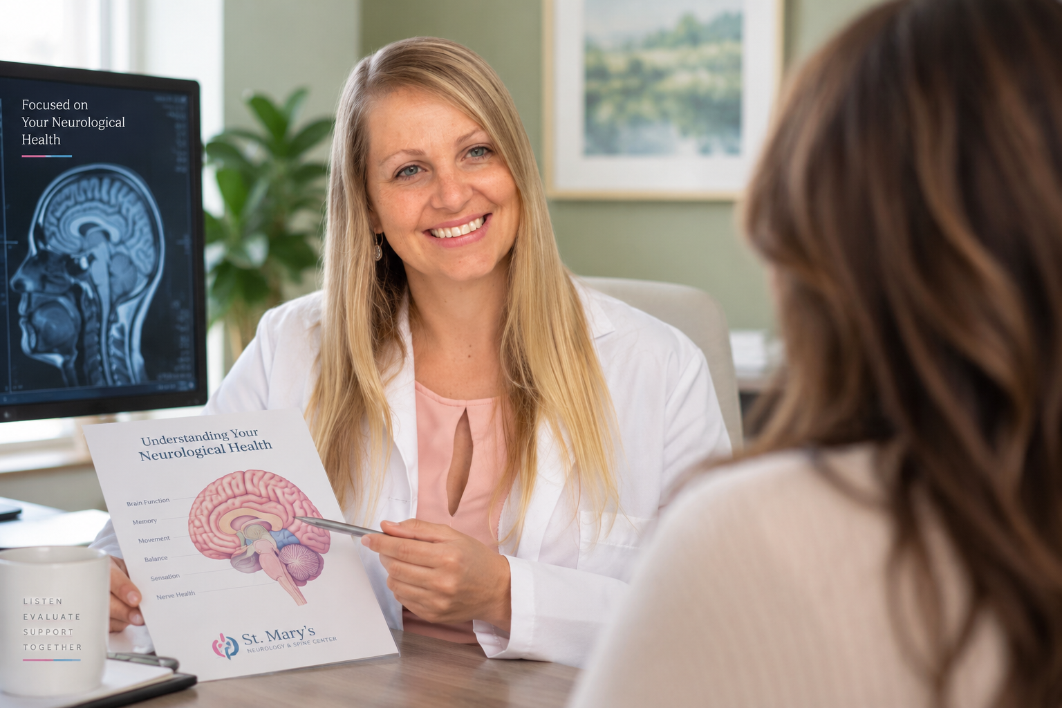 Neurology provider discussing brain anatomy and neurological health with a patient at St. Mary's Neurology and Spine Center