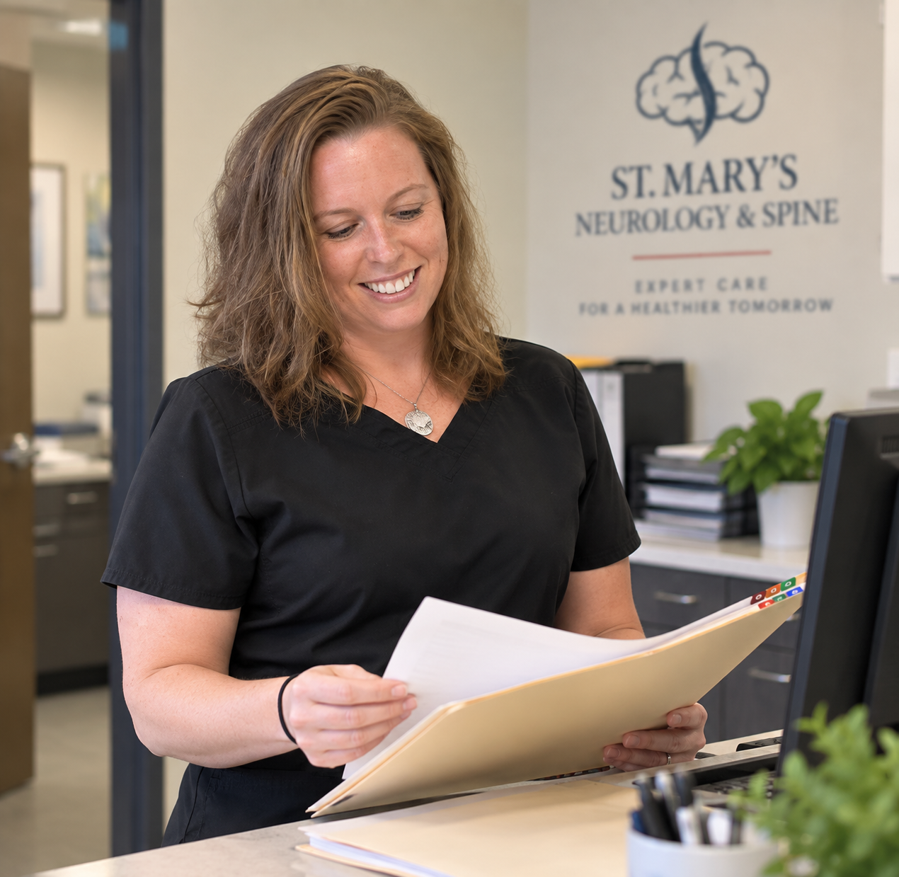 Clinical staff reviewing a patient chart for spine care at St. Mary's Neurology and Spine Center in Southern Maryland