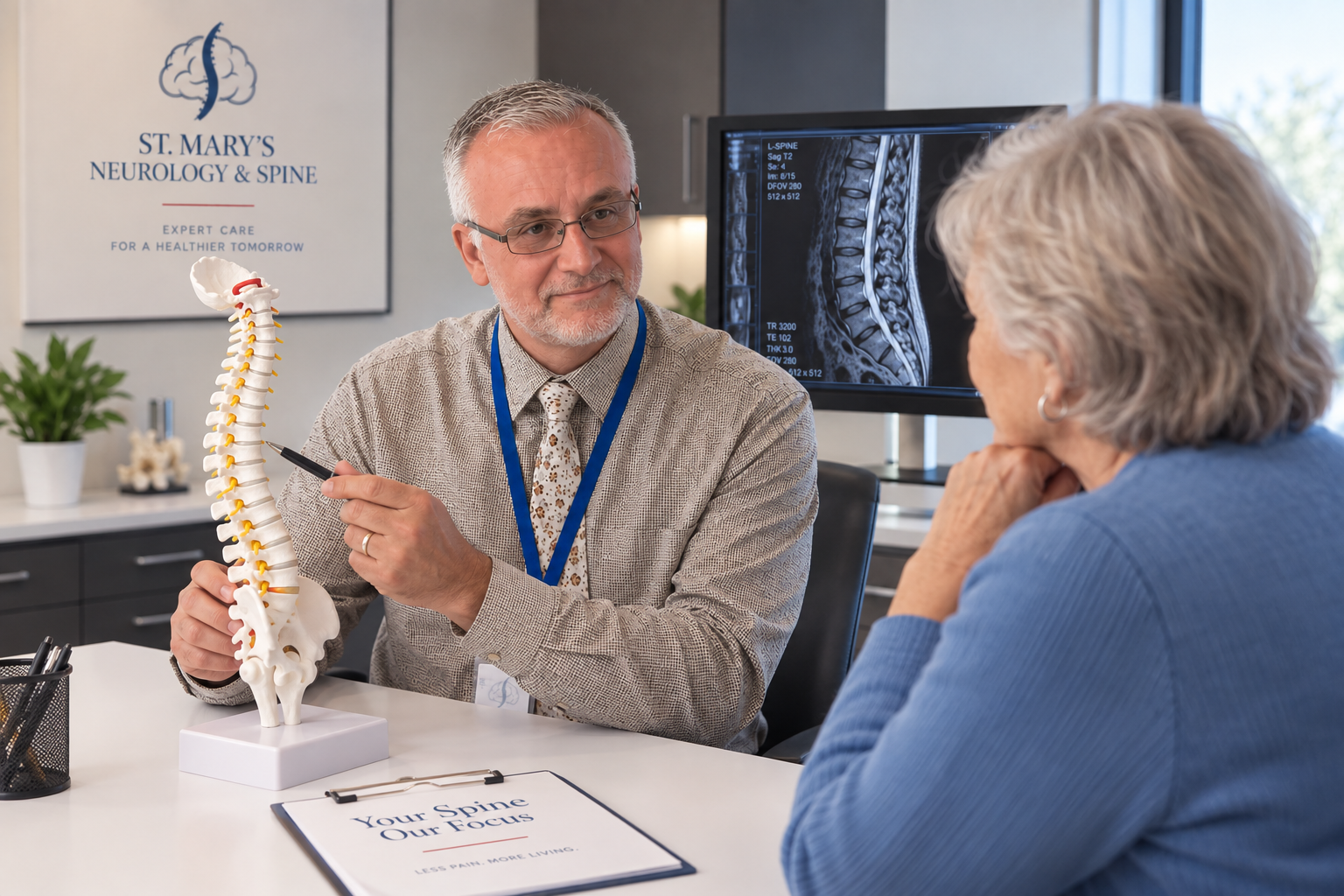 Spine specialist discussing back and neck symptoms with a patient during a spine consultation at St. Mary's Neurology and Spine Center in Southern Maryland