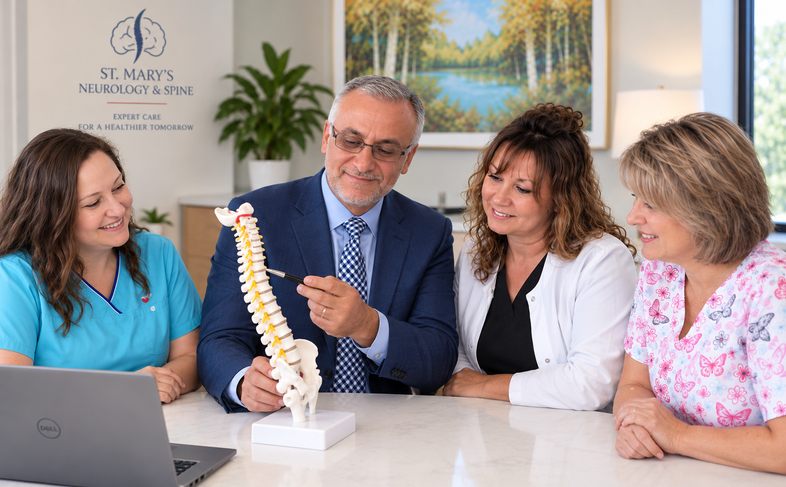 Dr. Ahmed Kafaji and clinical staff discussing spine care at St. Mary's Neurology and Spine Center in Southern Maryland