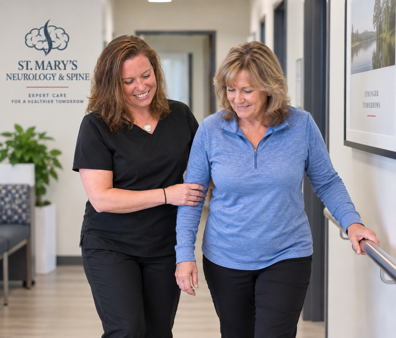 Clinical team member in black scrubs gently assisting a smiling patient walking along a handrail in a St. Mary's Neurology & Spine Center hallway