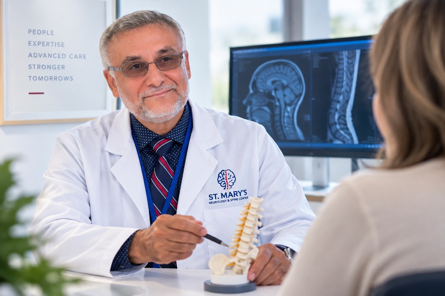 Dr. Ahmed Kafaji of St. Mary's Neurology & Spine Center explaining a spine model to a patient in front of brain and spine MRI scans