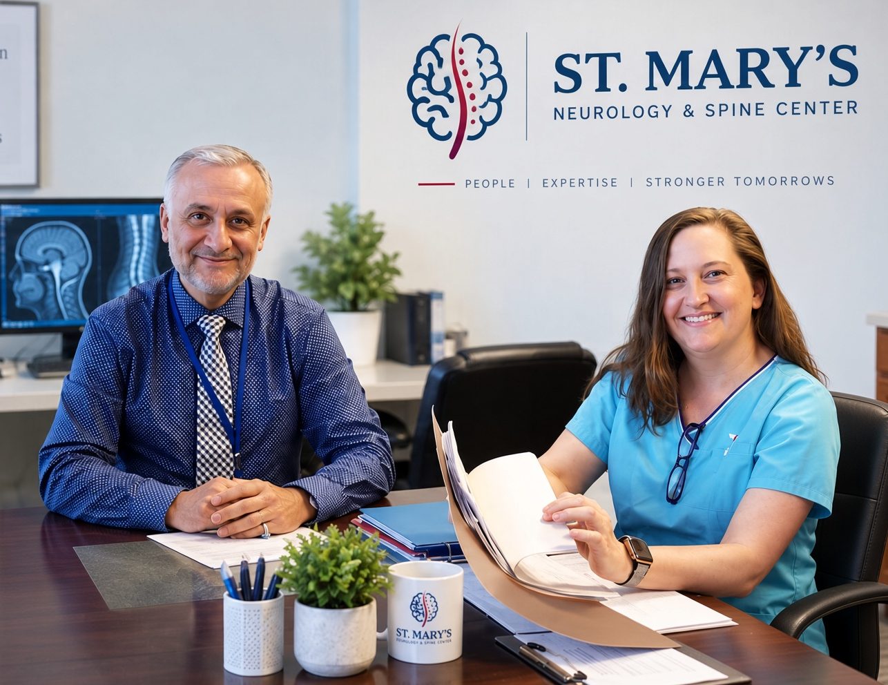 Dr. Ahmed Kafaji and the office manager of St. Mary's Neurology & Spine Center smiling together at a desk in front of the practice logo in Southern Maryland