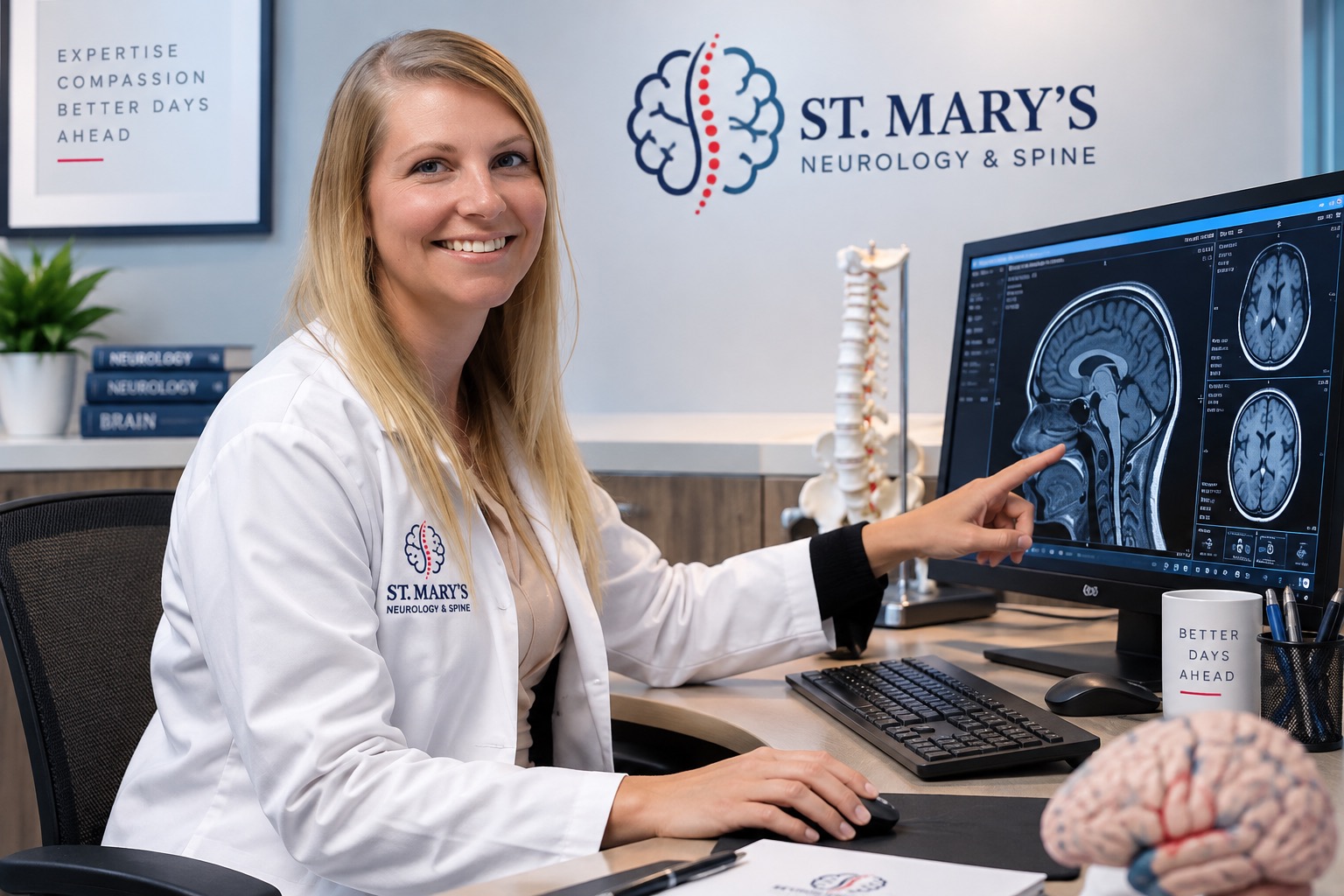 Smiling neurology provider in a St. Mary's Neurology & Spine white coat pointing to a brain MRI scan on her desk monitor in Southern Maryland