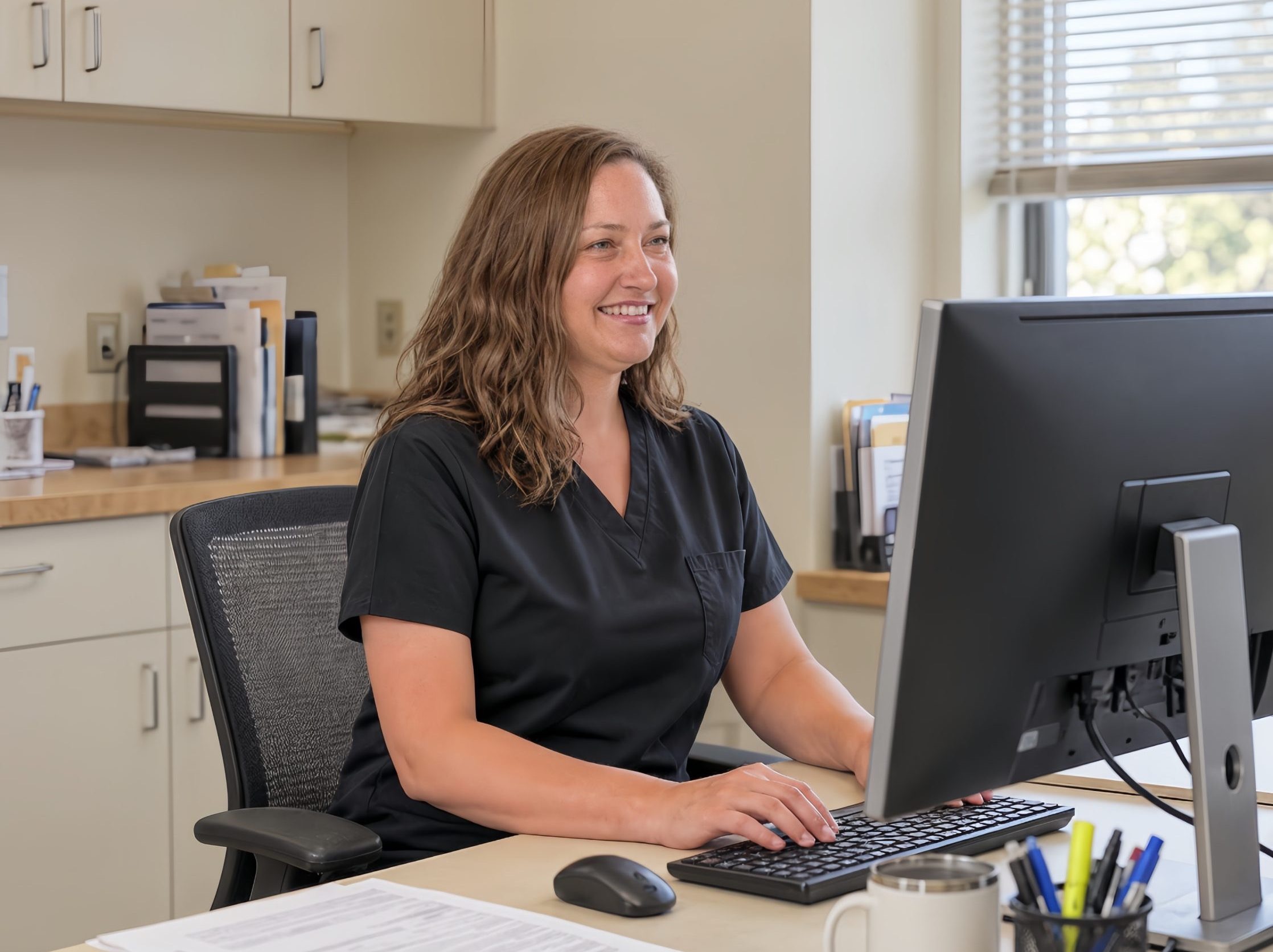 Smiling staff member in black scrubs working at her desk in a St. Mary's Neurology & Spine Center office in Southern Maryland